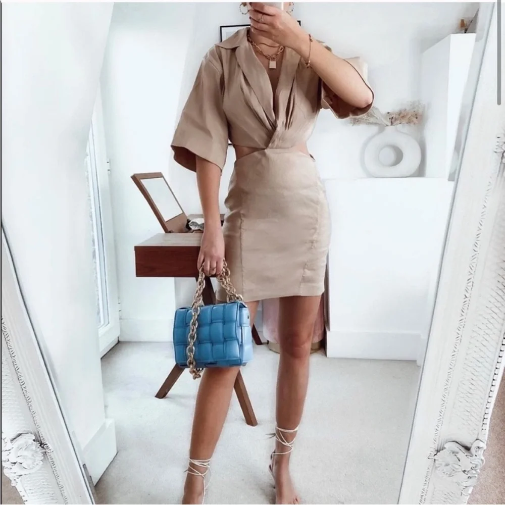 ZARA Blogger Favorite Linen Blend Sand Cut Out Mini Dress Size Small - Picture 5 of 14